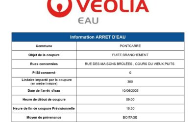 10 juin 2026 : avis d’arrêt d’eau